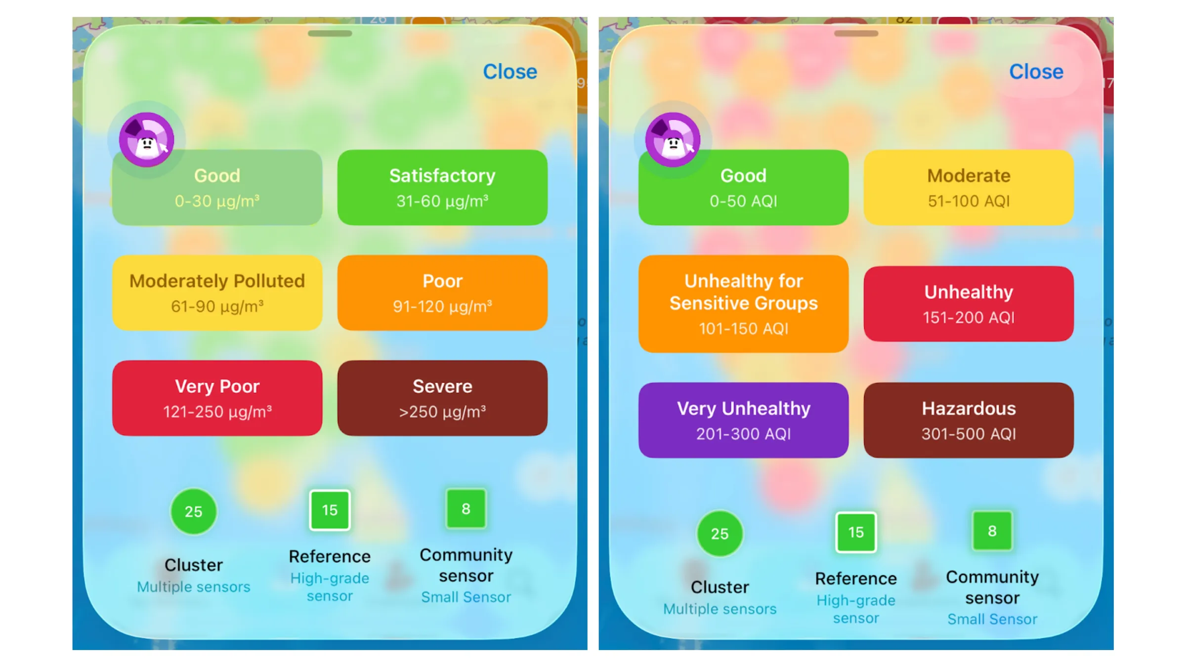 India’s NAQI (left) vs. US AQI (right).