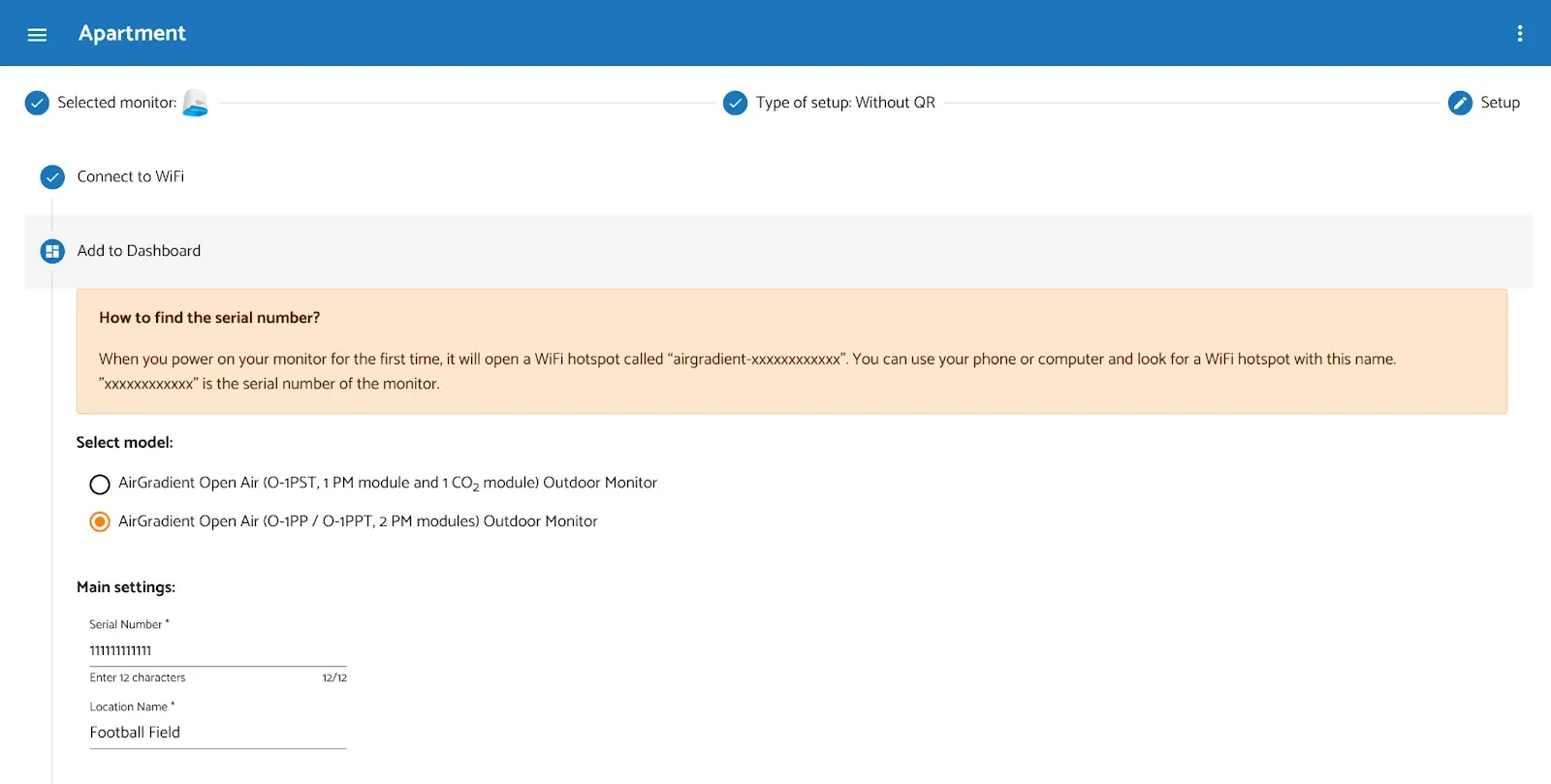 Onboarding page, Entered Serial Number & Location Name