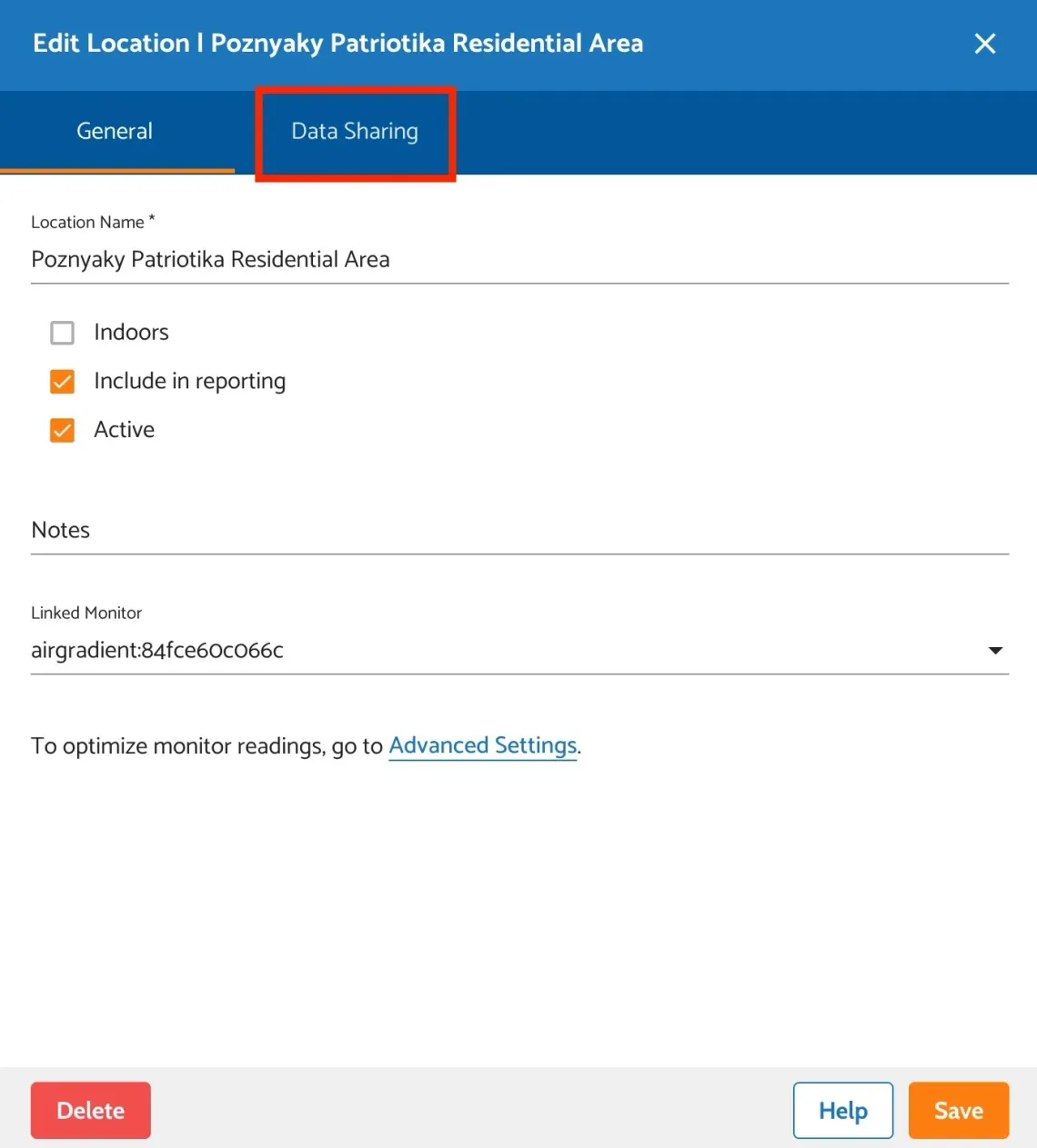 ‘Data Sharing’ tab in ‘Edit Location’ window