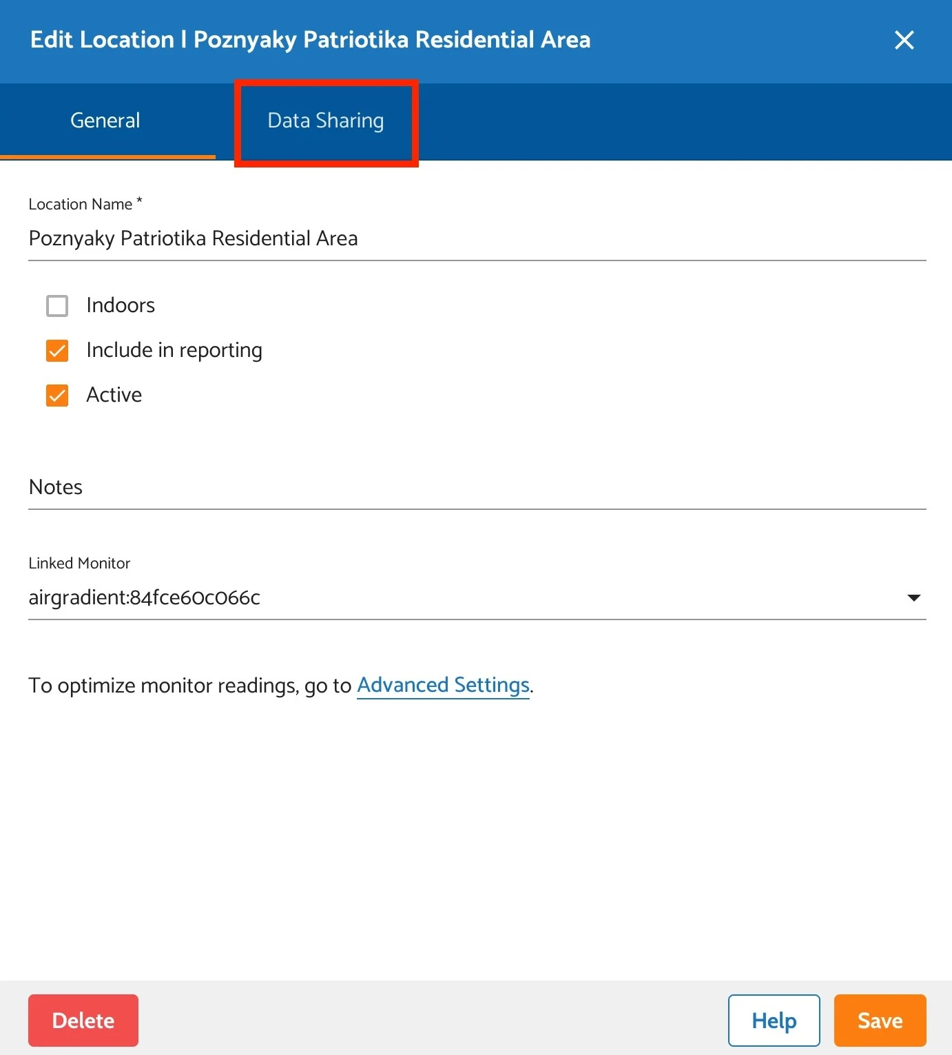 ‘Data Sharing’ tab in ‘Edit Location’ window